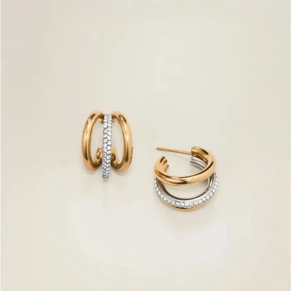 Mercer Double Hoop Stainless Steel huggie two tone Earrings Easter Sale Deal - Picture 1 of 2